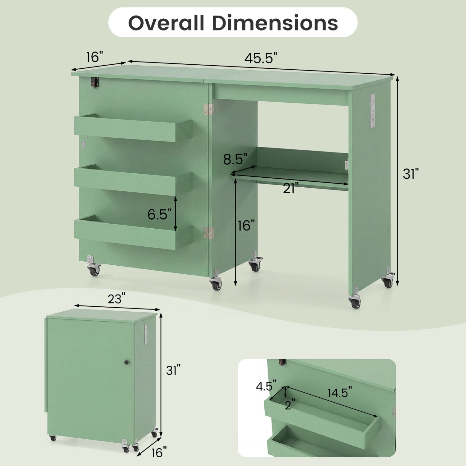 Folding Sewing Table with Charging Station and Casters