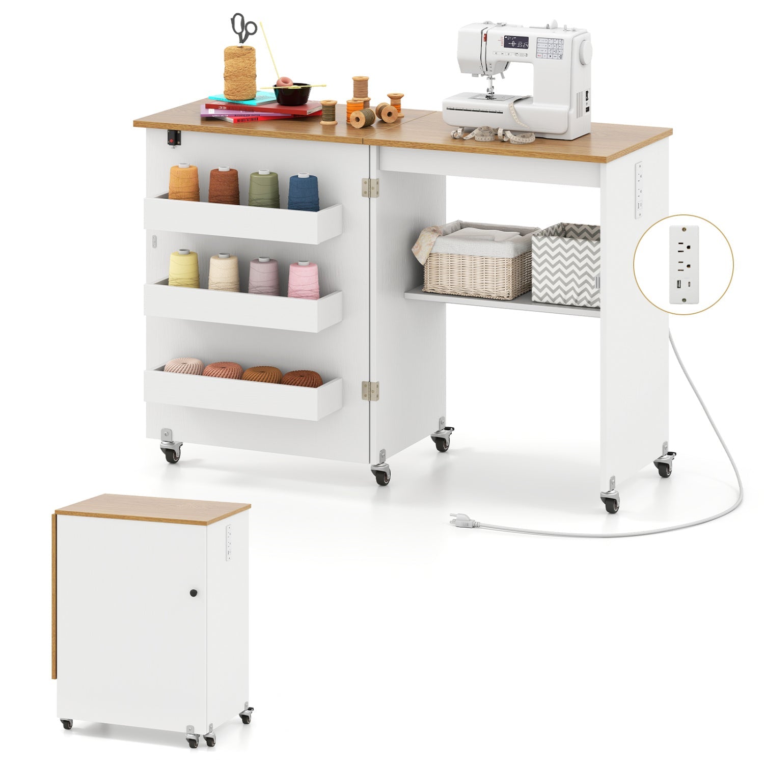 Folding Sewing Table with Charging Station and Casters
