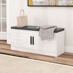Shoe Bench with Cushion Farmhouse Shoe Rack Organizer with 2 Barn Doors-White
