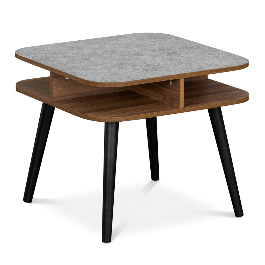 Side Table Faux Marble End Table with Storage Shelves and Rubber Wood Legs