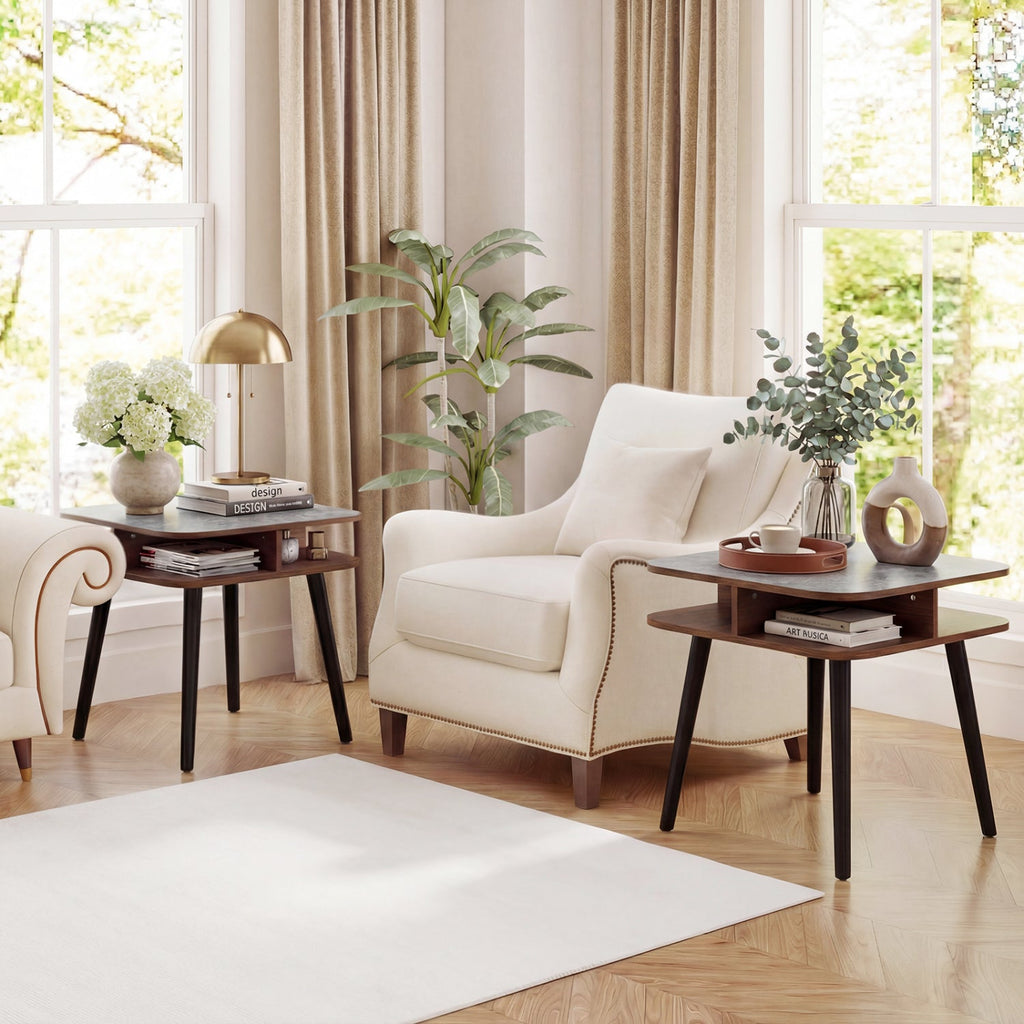 Side Table Faux Marble End Table with Storage Shelves and Rubber Wood Legs