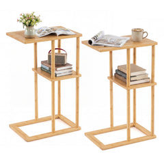 Side Table Set of 2 with Storage Shelves and Bamboo Construction-Natural