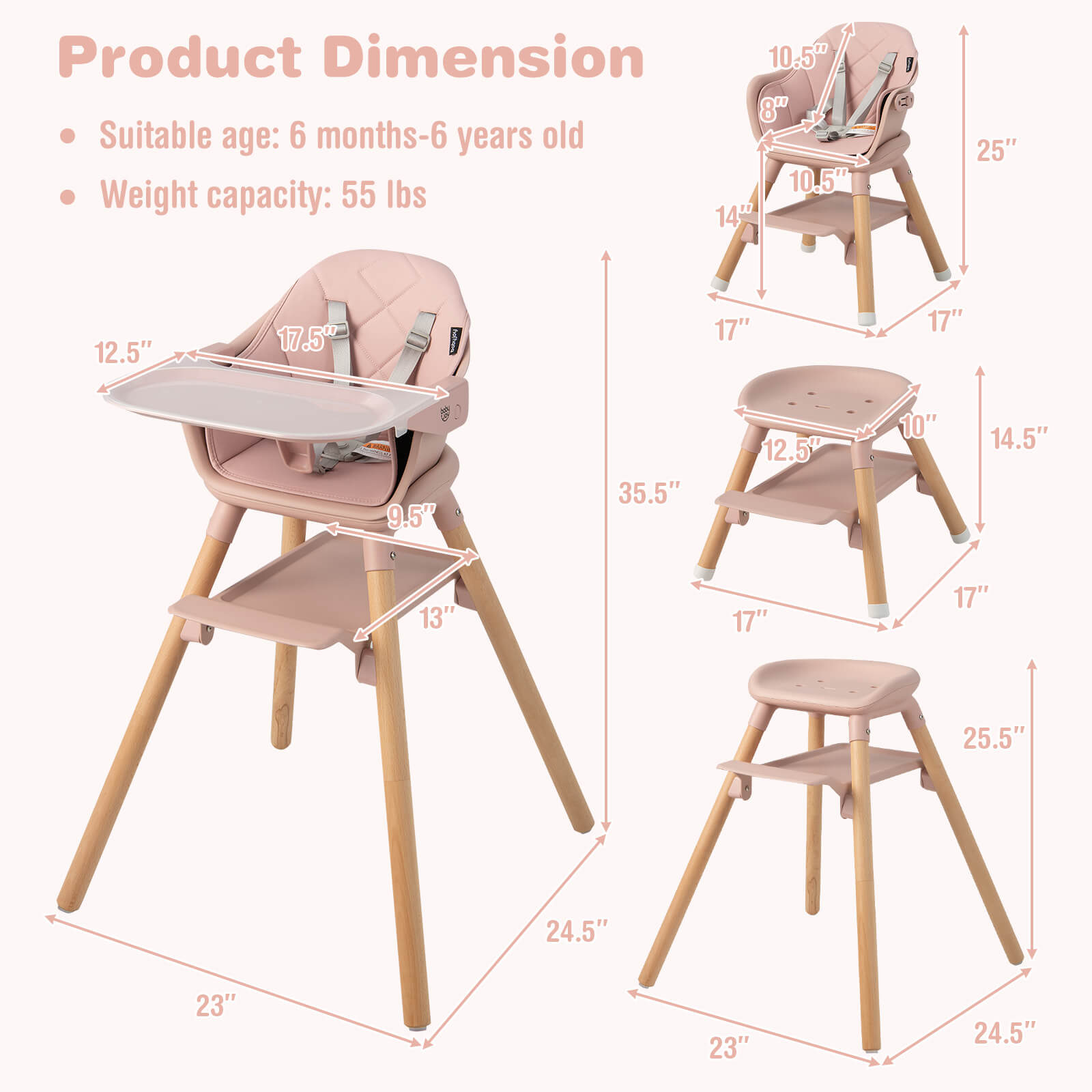 6-in-1 Baby High Chair with Removable Dishwasher and Safe Tray-Pink