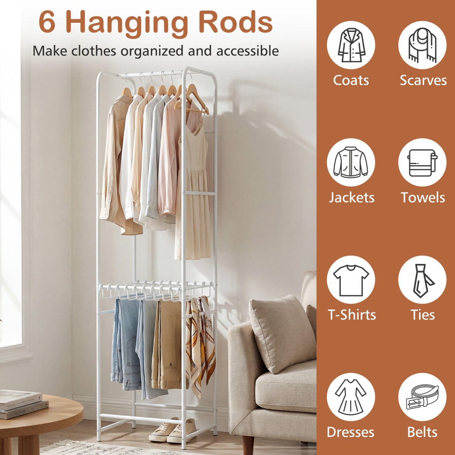 Slim Coat Rack Freestanding Garment Organizer with 8 Hanging Rods