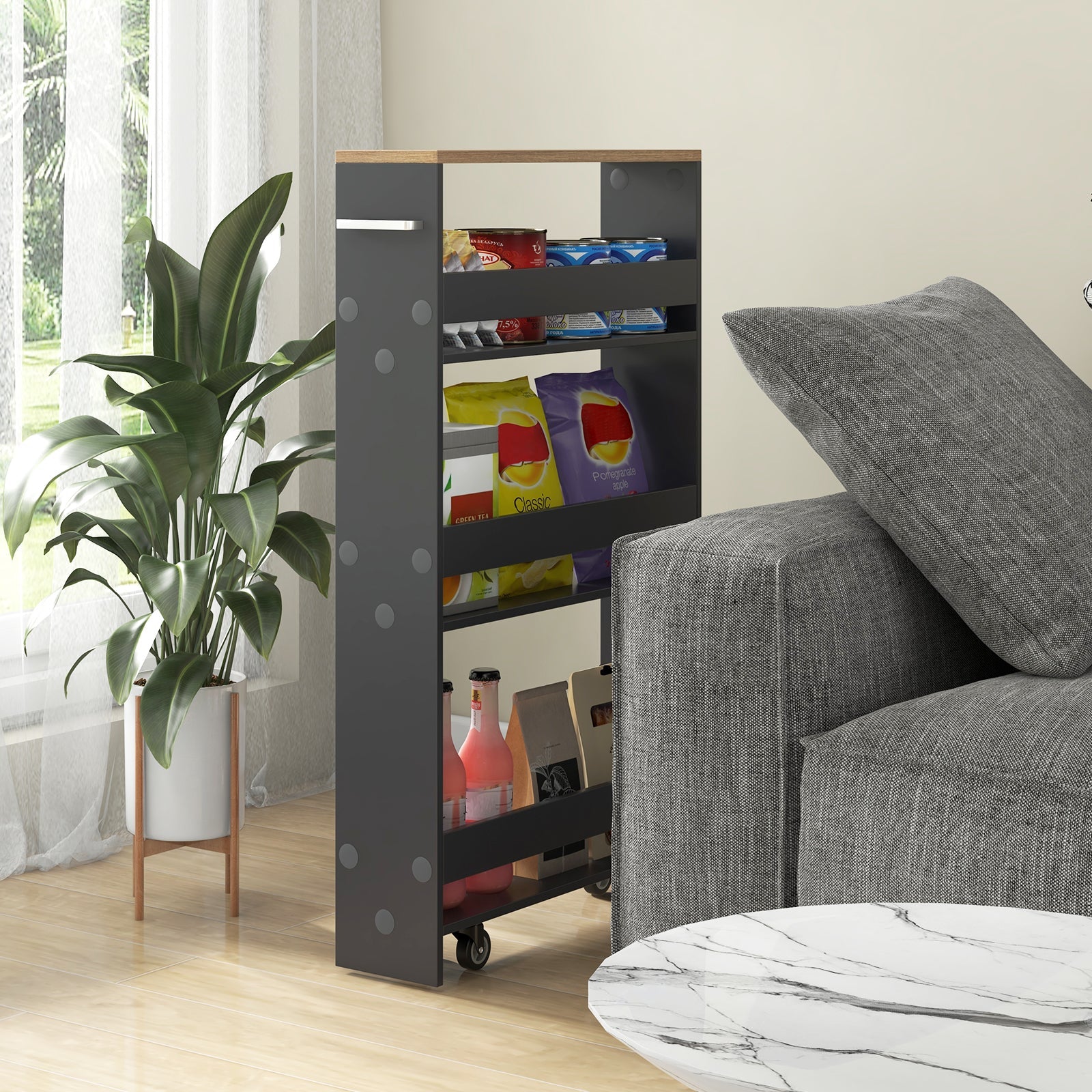 Rolling Kitchen Slim Storage Cart Mobile Shelving Organizer with Handle-Gray