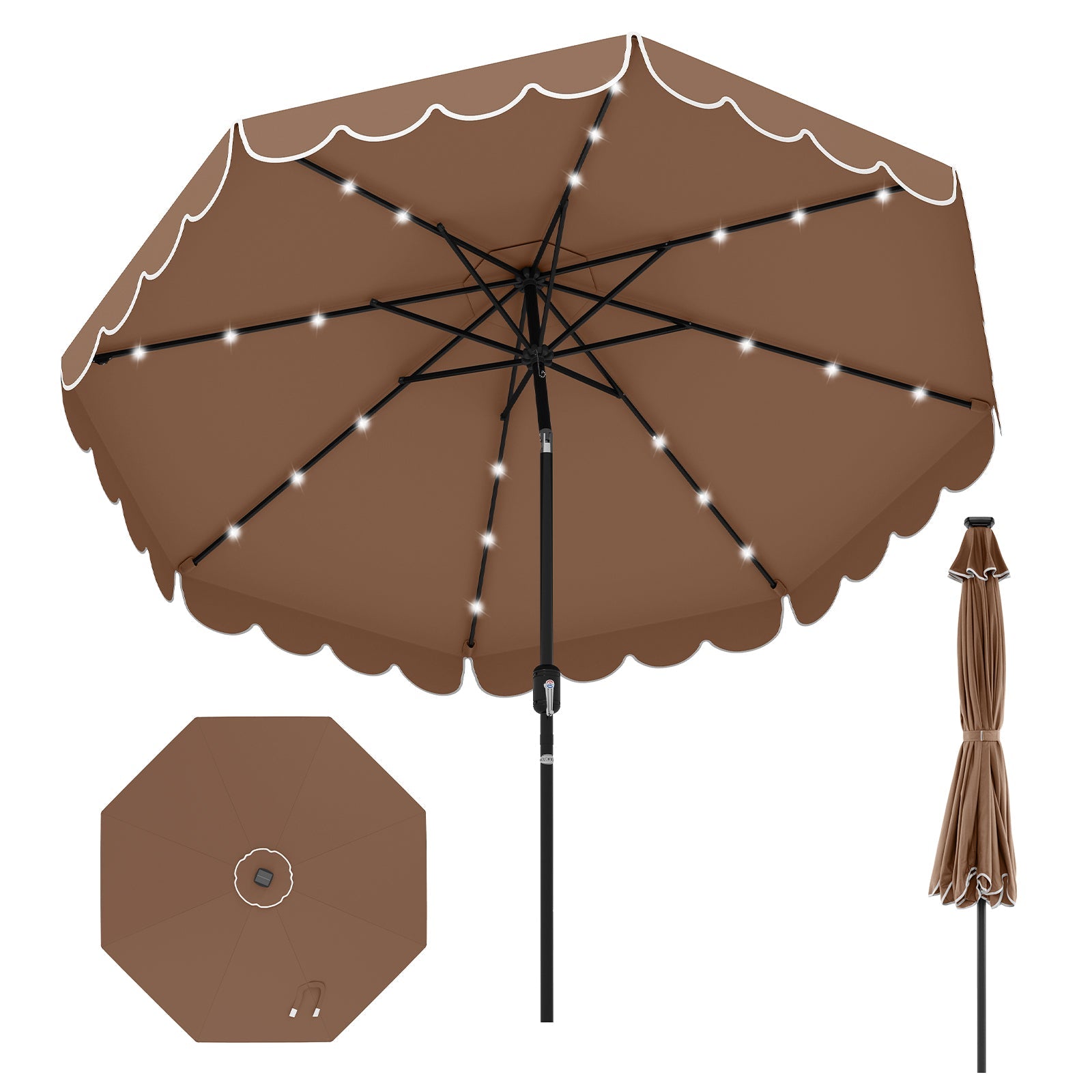 9.3 Feet Solar Patio Umbrella with 24 LED Lights Vented Top and Ruffles-Coffee