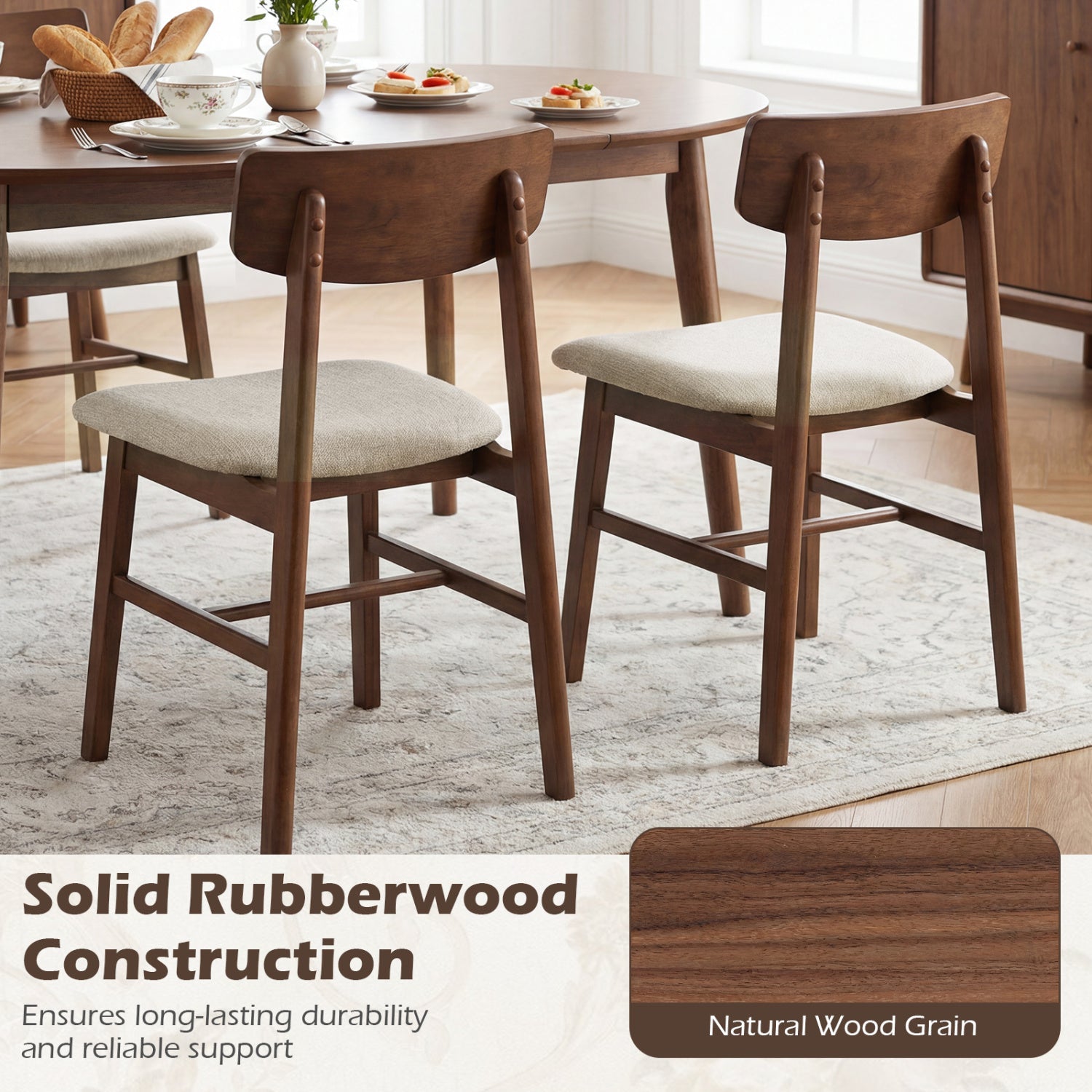 Solid Rubber Wood Dining Chairs Set of 4 with Curved Backrest