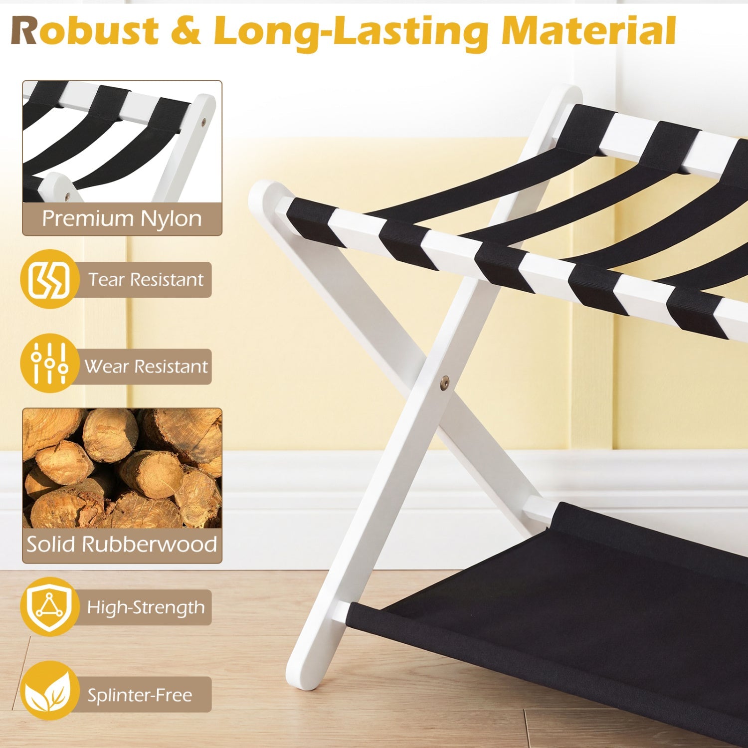 Solid Rubberwood Folding Luggage Rack with Nylon Shelves