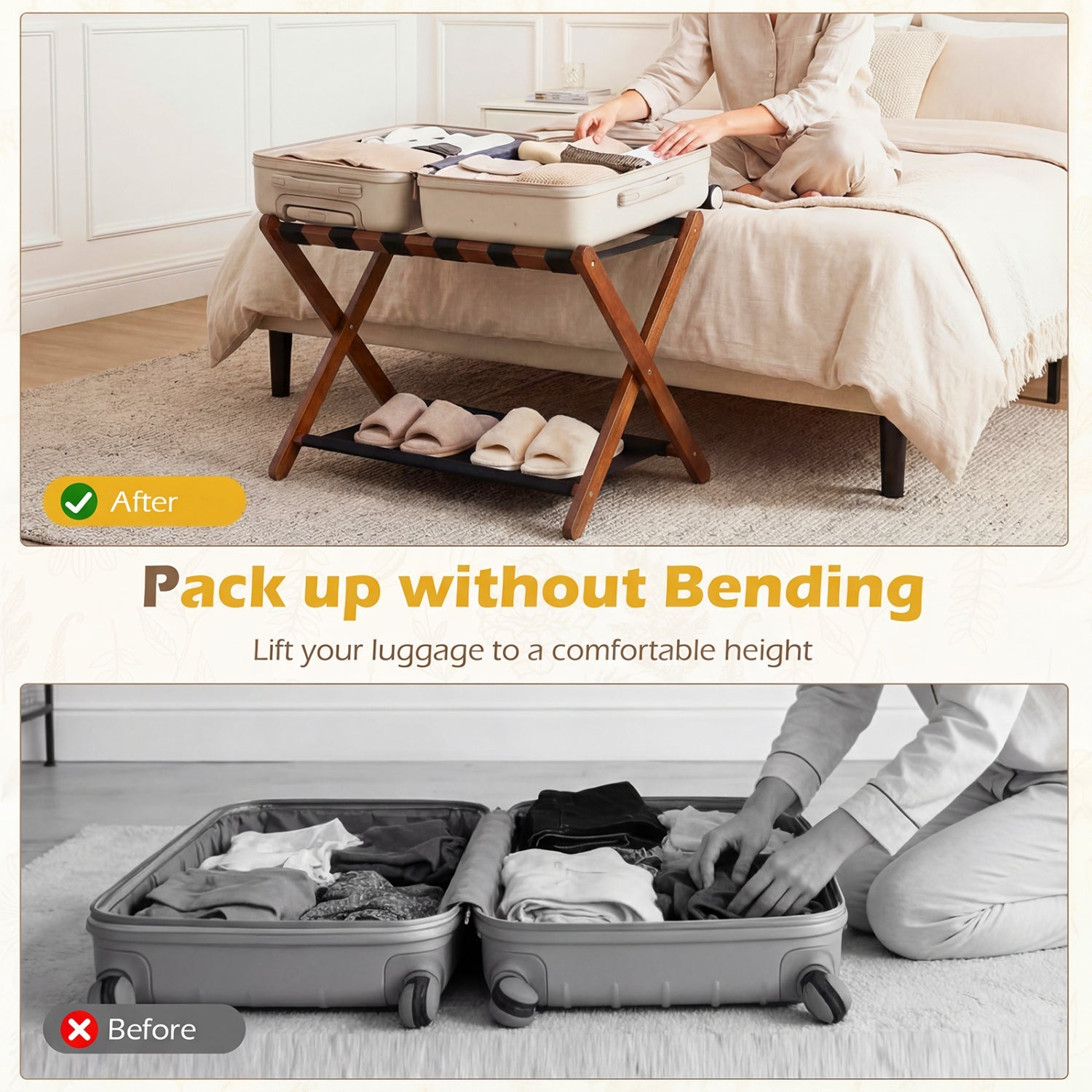 Solid Rubberwood Folding Luggage Rack with Nylon Shelves Set of 2