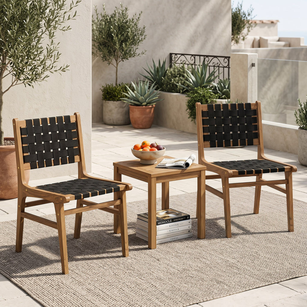Teak Wood Outdoor Dining Chair with Woven Strap Back