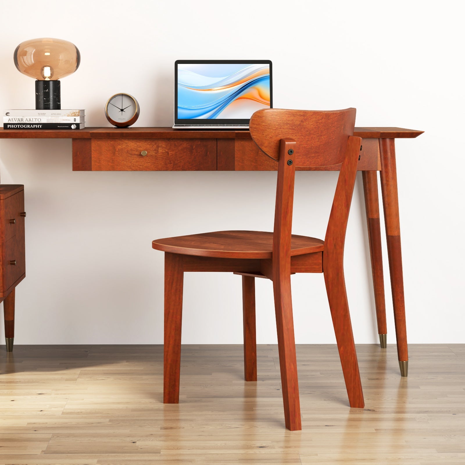 Solid Wood Dining Chair Set of 2 with Curved Backrest and Rubber Wood Frame-Espresso