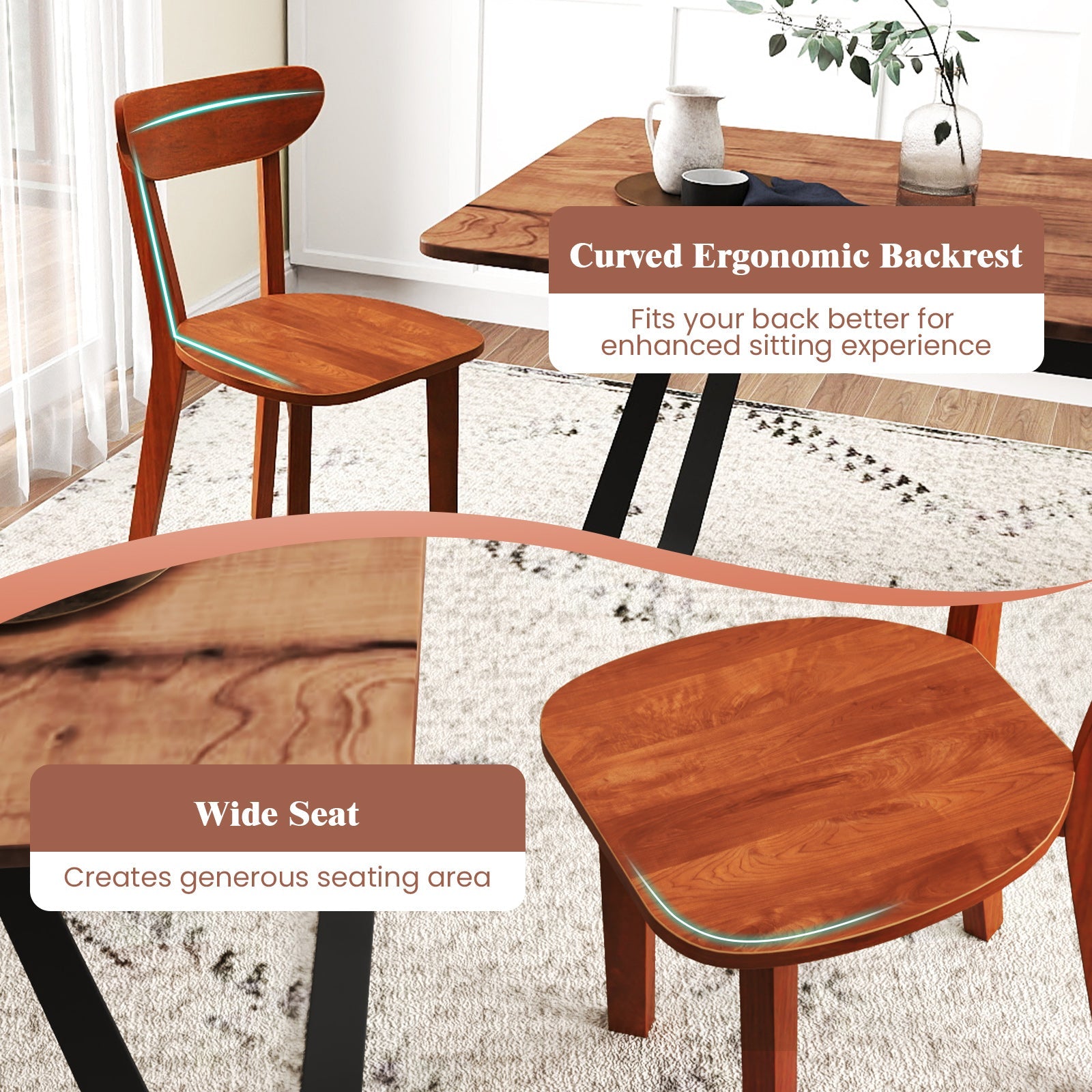 Solid Wood Dining Chair Set of 2 with Curved Backrest and Rubber Wood Frame-Espresso