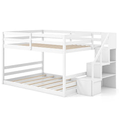 Solid Wood Full Over Full Low Bunk Bed with Storage Stairs-White