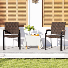 Stacking Wicker Chairs Set of 2 Patio Rattan Dining Chairs with Acacia Wood Armrests