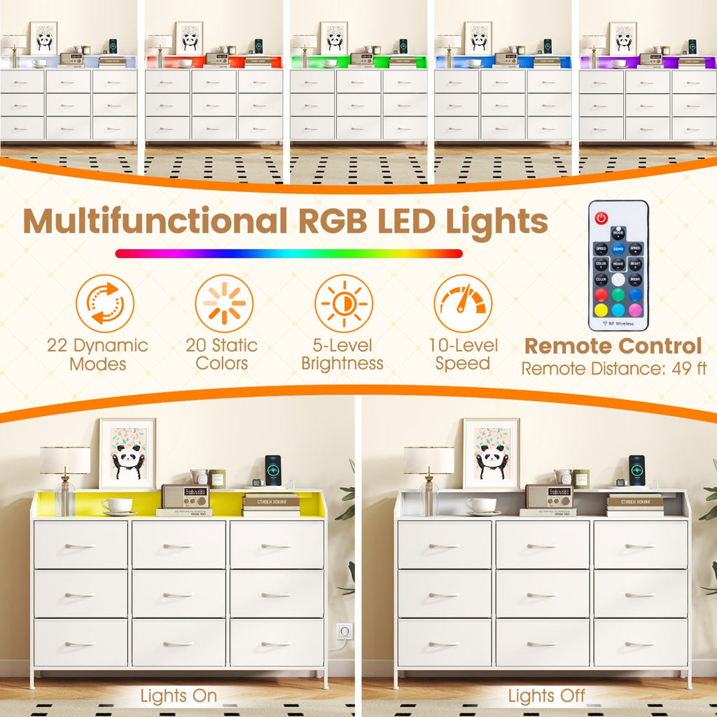 Storage Organizer with LED Lights and 9 Fabric Drawers for Bedroom
