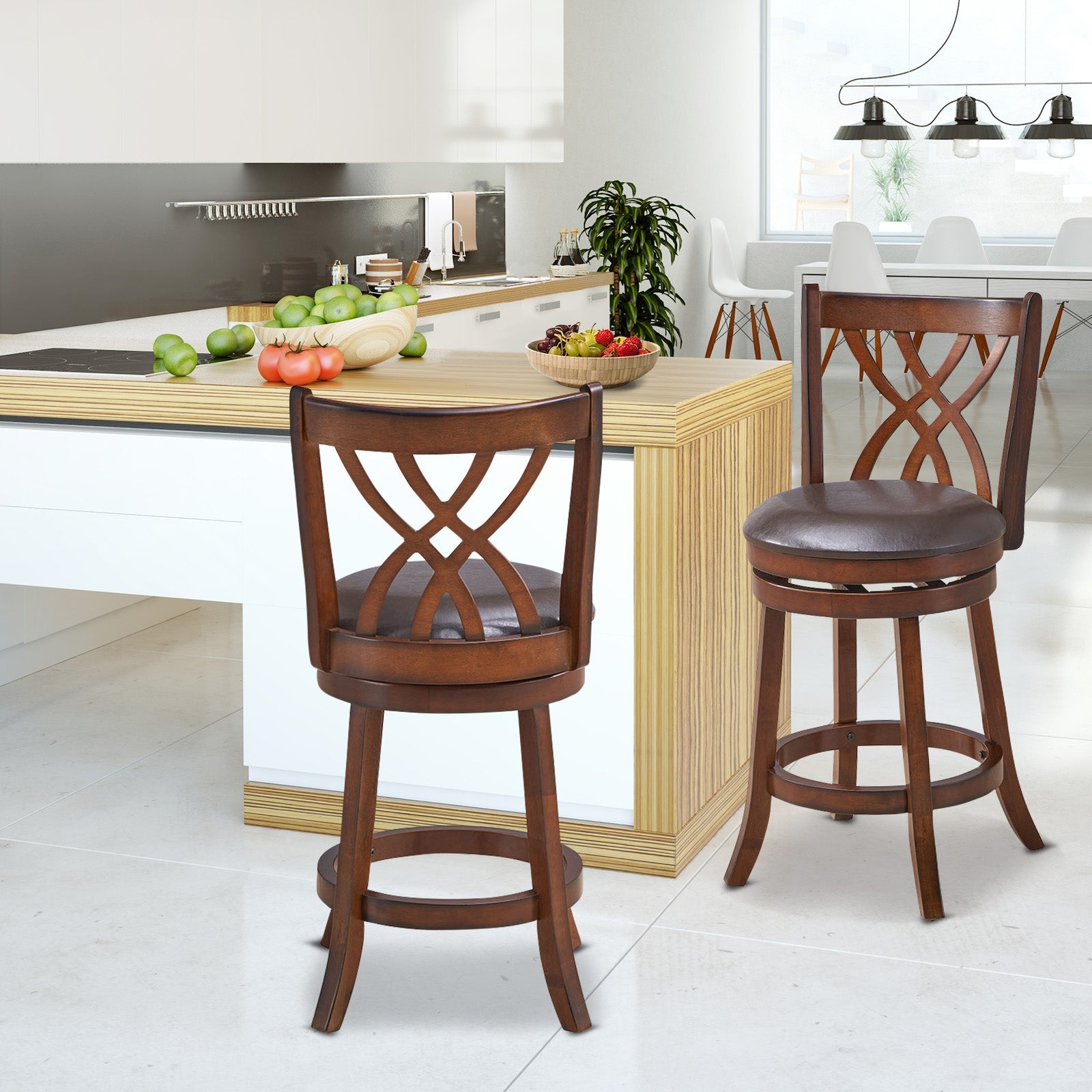 360° Swivel Counter Height Chairs with PU Leather Cushioned Seat and Footrests-26 inches