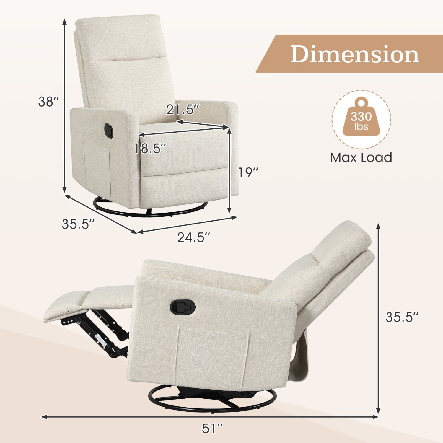 Swivel Rocking Chair 360° Nursery Reclining Rocker Armchair with Cushioned Back