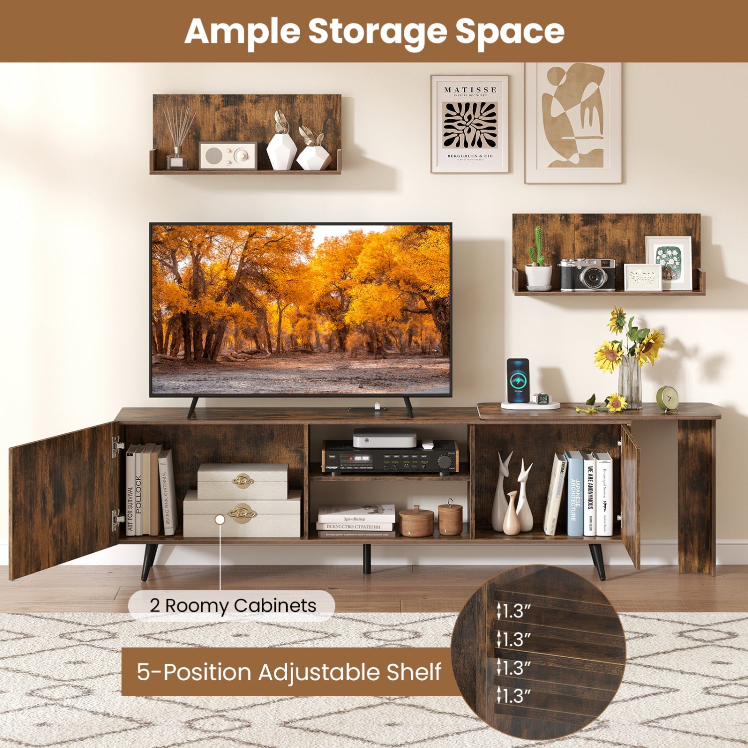 85-Inch TV Stand with Charging Station and Wall Shelves