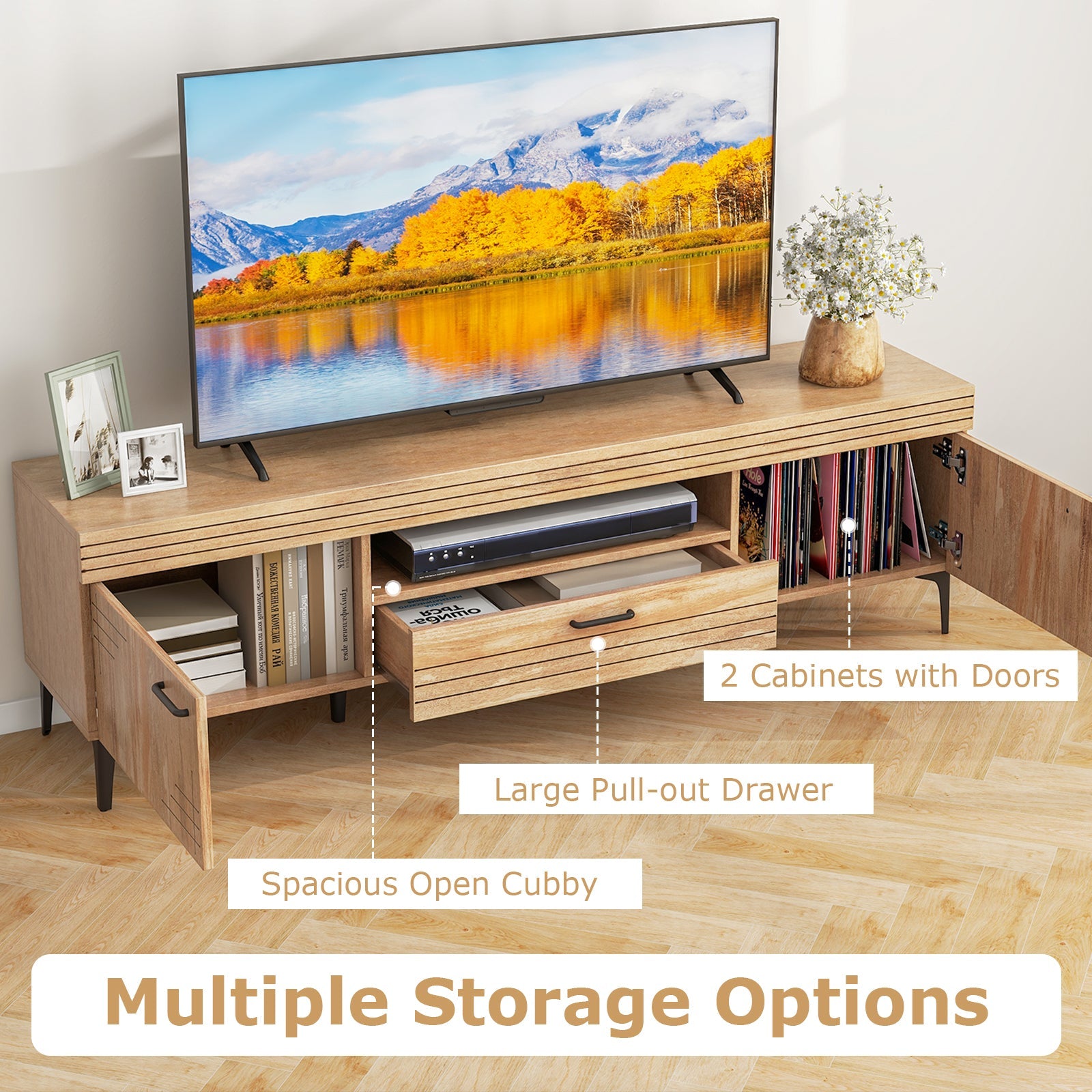 TV Stand with 2 Cabinets and Storage Drawer for 65 Inches TVs-Oak