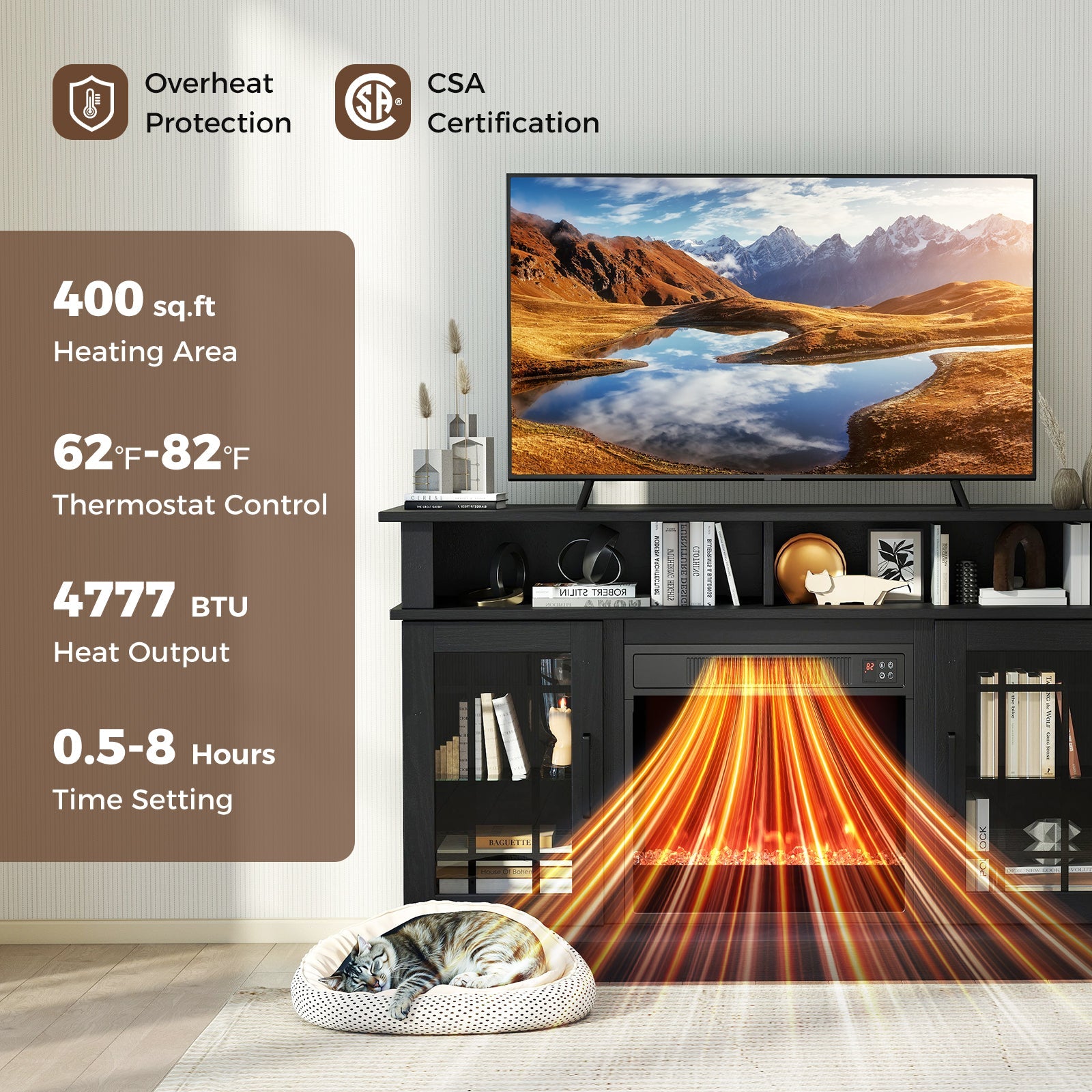 TV Stand with Electric Fireplace LED Lights and Remote Controls for TVs Up to 40 Inch-Black