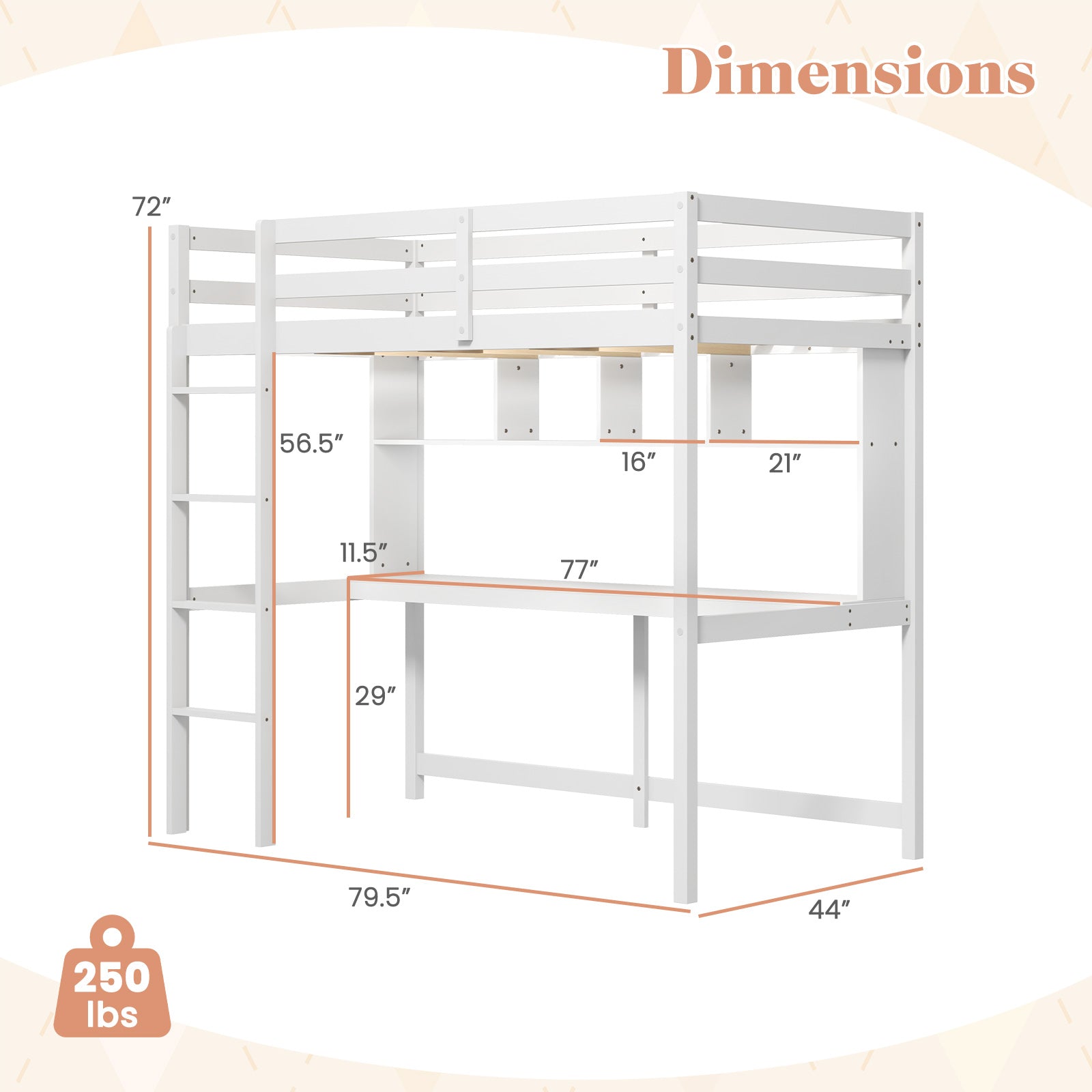 Twin Loft Bed with Desk and Shelves - White