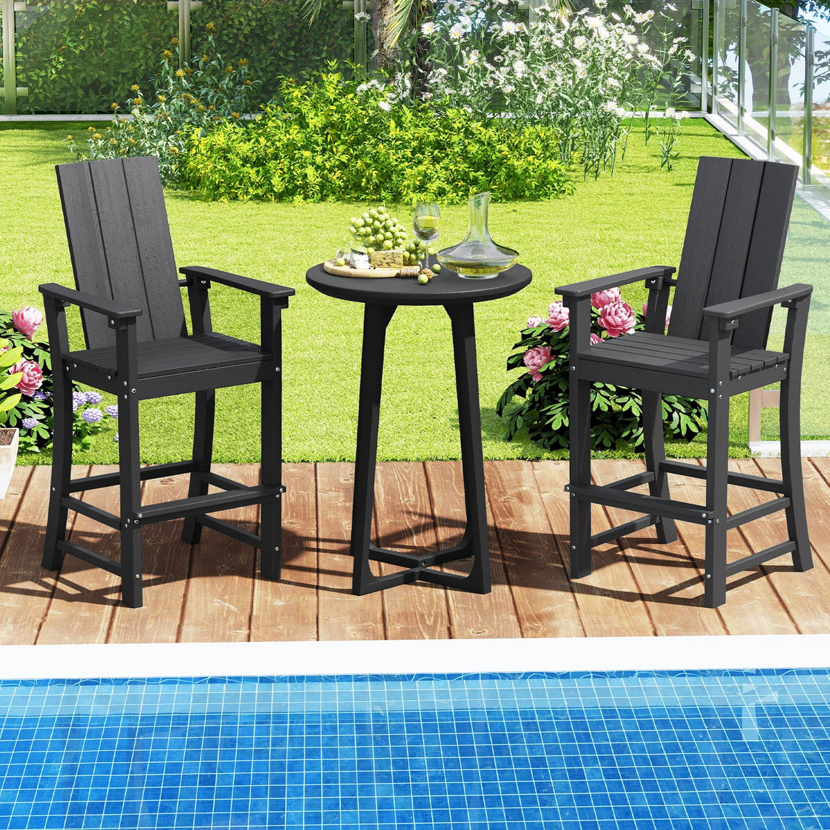 Tall Adirondack Chair Outdoor Bar Stool with Ergonomic Backrest for Backyard-Black