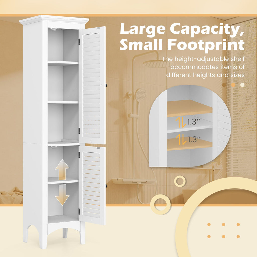 Tall Bathroom Floor Cabinet with Shutter Doors and Adjustable Shelf-White