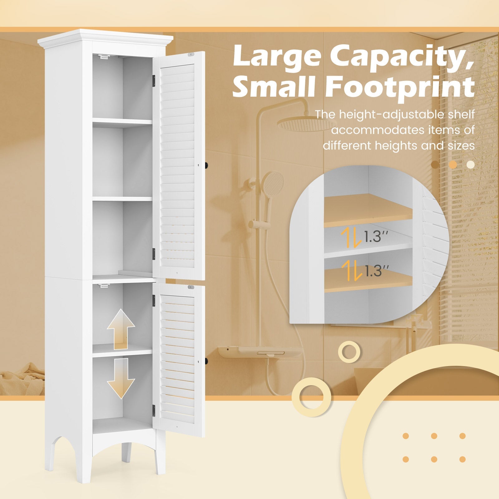 Tall Bathroom Floor Cabinet with Shutter Doors and Adjustable Shelf-White