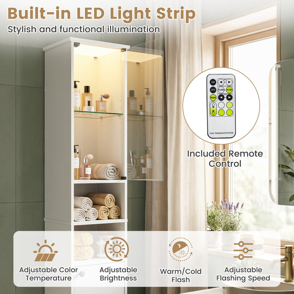 Tall Bathroom Storage Cabinet with LED Lights and Adjustable Shelves
