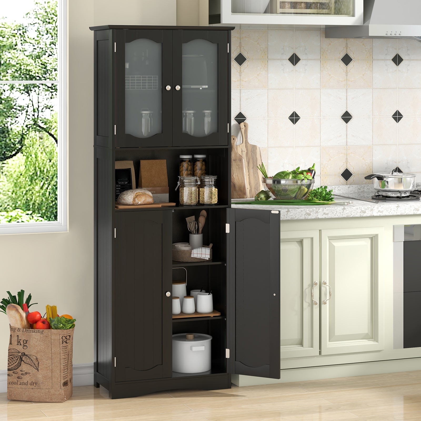 64.5 Inches Tall Bathroom Storage Cabinet with Frost Glass Doors and Shelves-Black