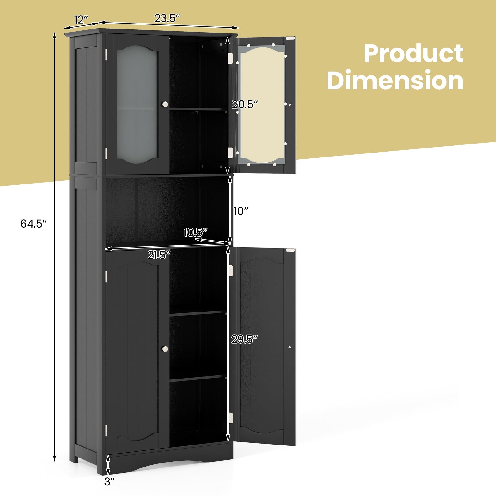 64.5 Inches Tall Bathroom Storage Cabinet with Frost Glass Doors and Shelves-Black