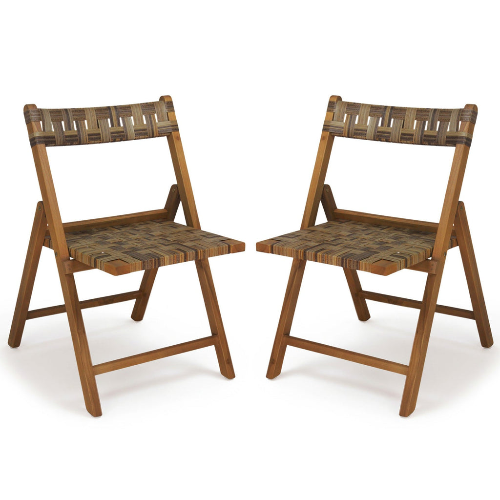 Teak Folding Patio Chairs Set of 2 with Woven Rattan