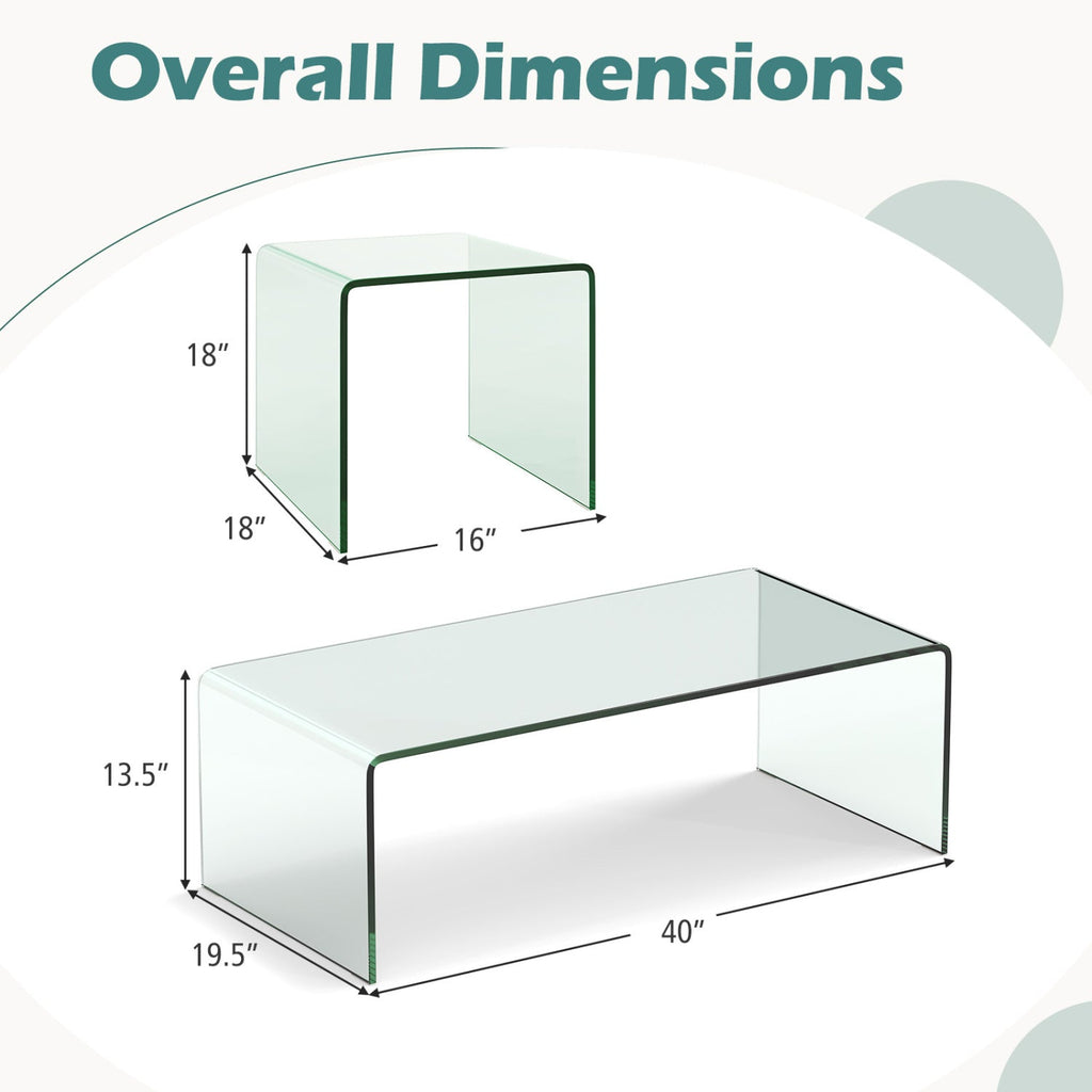 Tempered Glass Coffee Table Set of 3 with 1 Clear Coffee Table and 2 End Tables