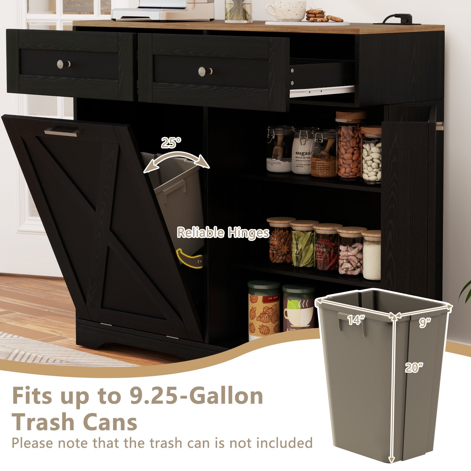 Tilt Out Trash Can Cabinet with Outlets and Adjustable Shelf-Black