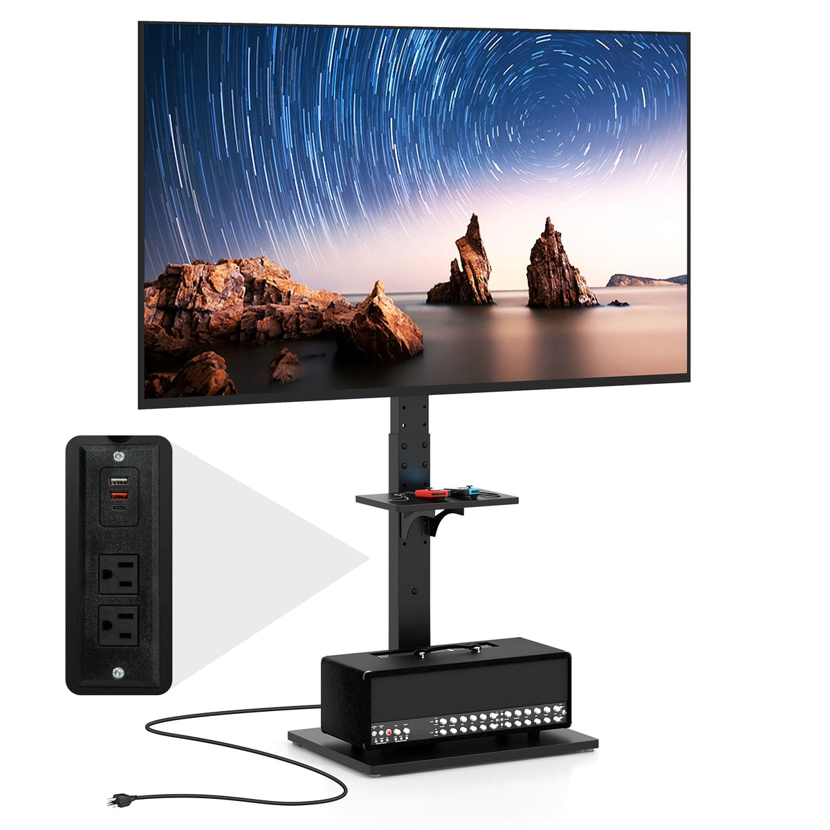 Tilt and Height Adjustable Floor TV Stand with Power Outlet and Adjustable AV Shelf