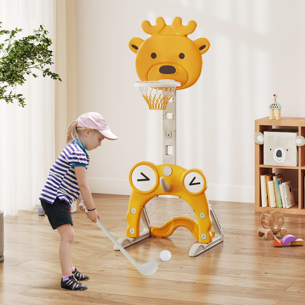 4-in-1 Toddler Height Adjustable Basketball Hoop with Ring Toss for 3+ Kids