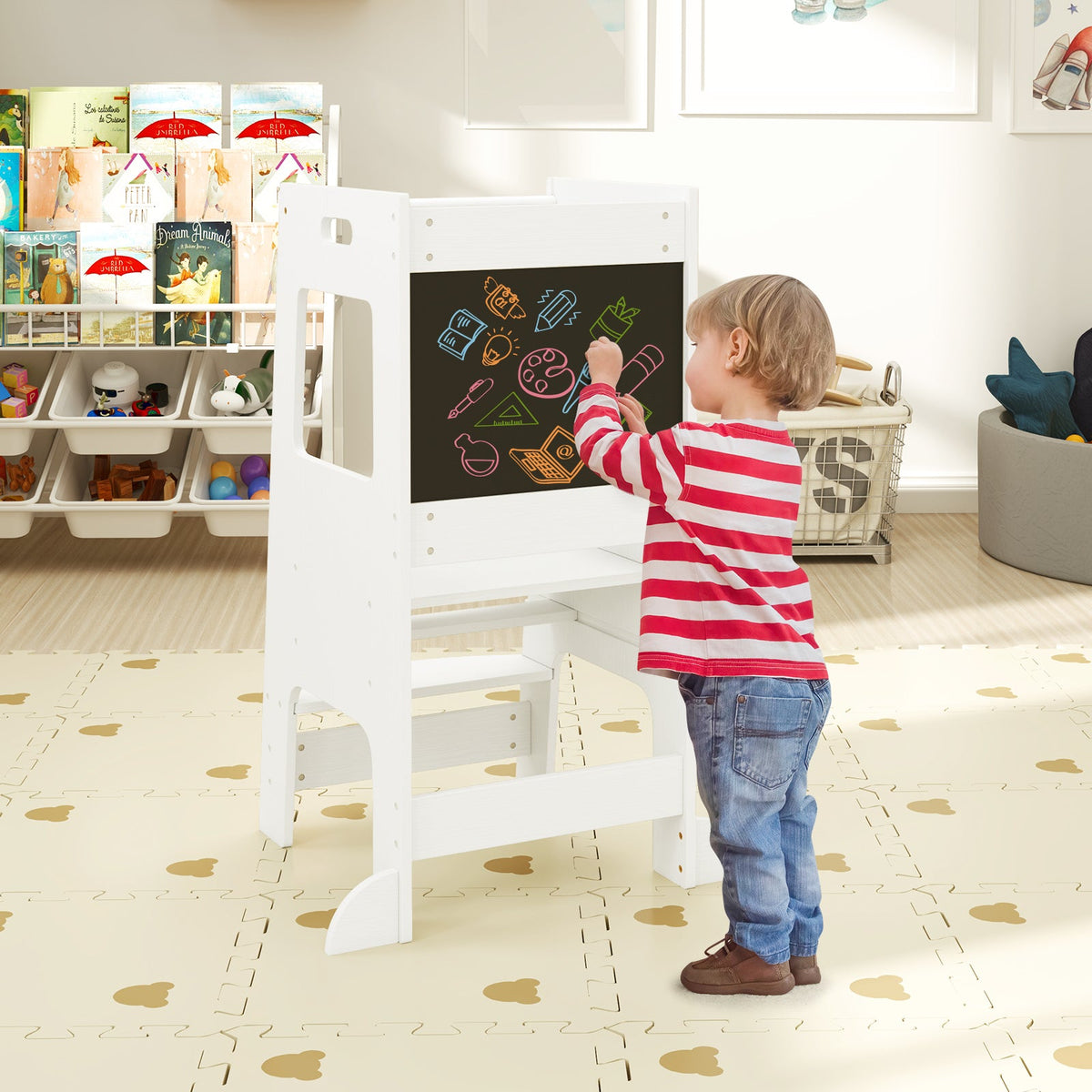Toddler Kitchen Step Stool with Activity Chalkboard and Adjustable Height-White