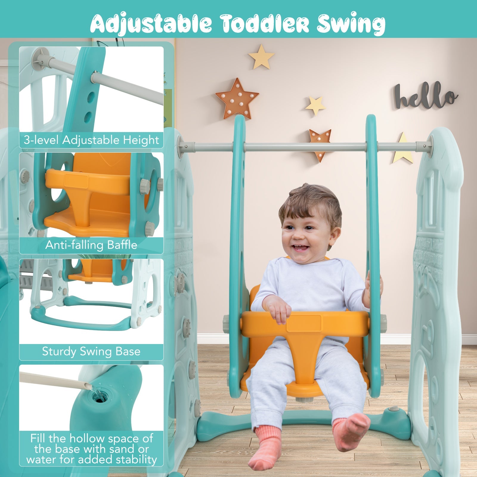 Toddler Slide and Swing Set  with Extra-long Slide Height Adjustable Swing Basketball Hoop and Climber