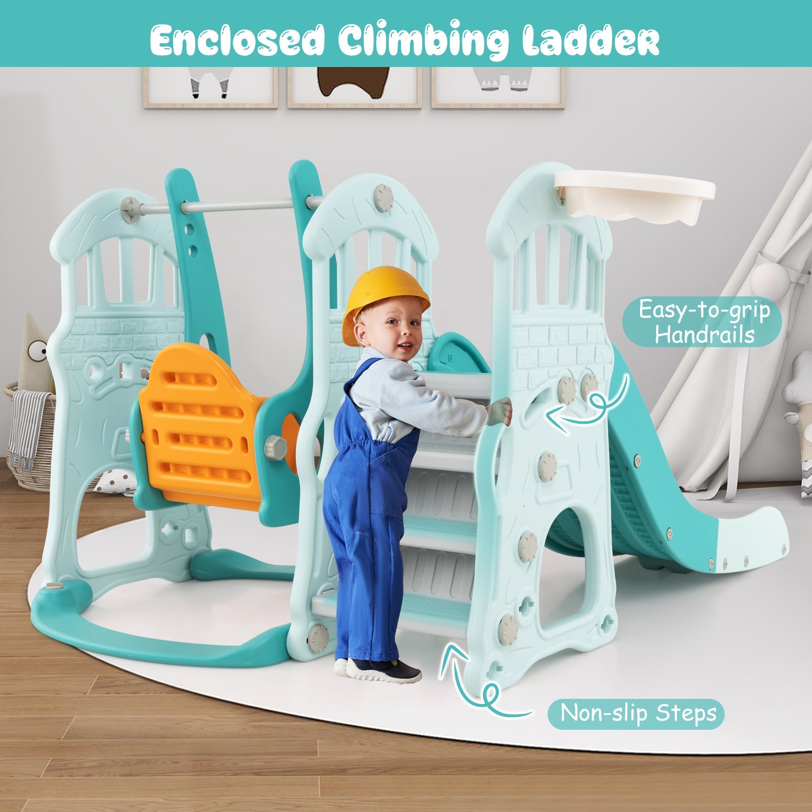 Toddler Slide and Swing Set  with Extra-long Slide Height Adjustable Swing Basketball Hoop and Climber