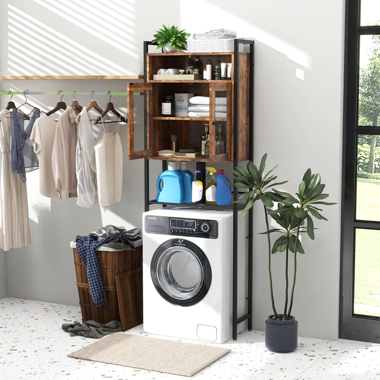 Over-The-Toilet Storage Cabinet with Heavy-Duty Metal Frame 2-door Freestanding-Rustic Brown