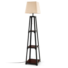 Trapezoidal Designed Floor Lamp with 3 Tiered Storage Shelf-Brown