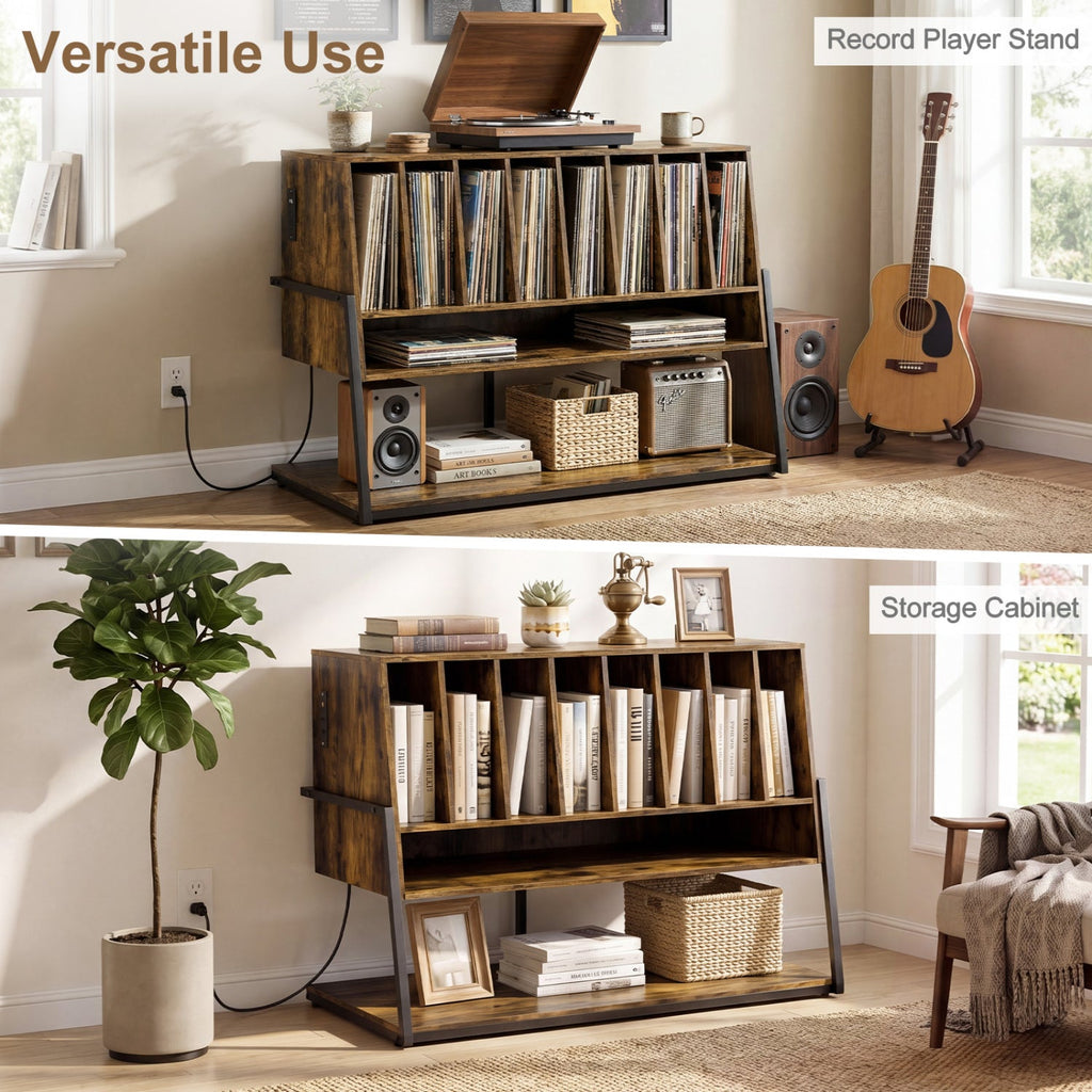 Turntable Stand with Charging Station & Vinyl Storage