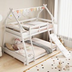 Twin Over Queen Bunk Bed Wooden Kids Bed with Climbing Nets and Ramp-White