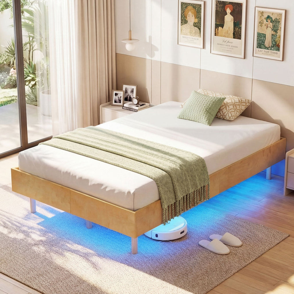 Twin/Full/Queen Size Floating Bed Frame with LED Lights for Bedroom