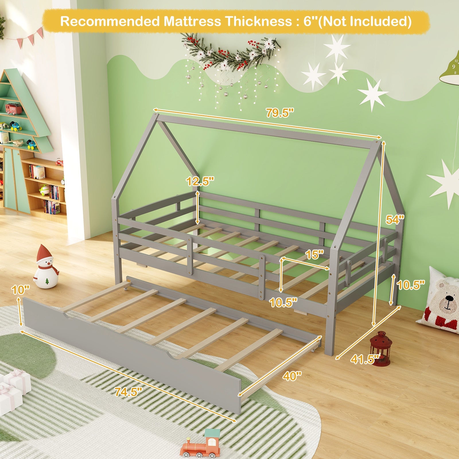 Twin House Bed with Trundle and Fence Rail-Gray