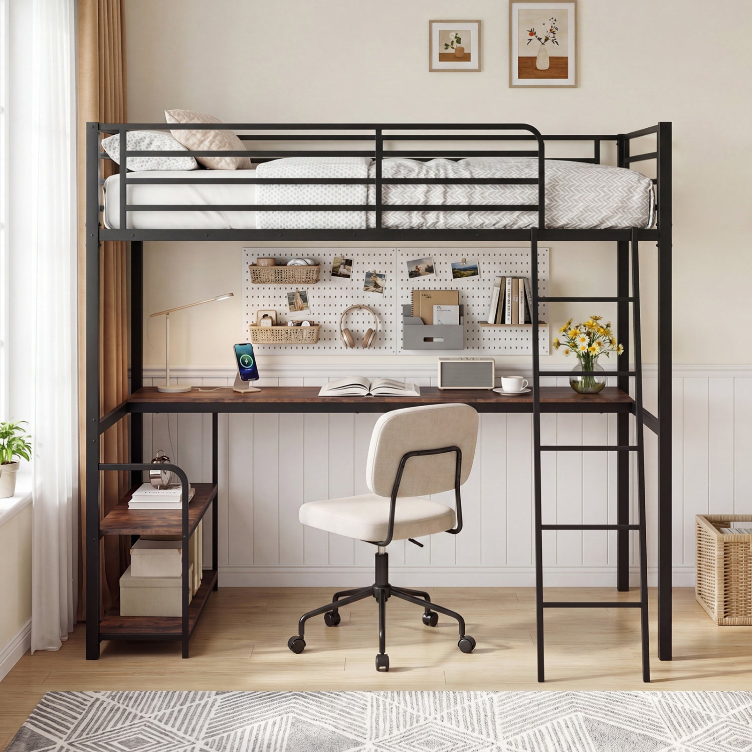 Twin Loft Bed with Desk and Shelves for Kids and Adults