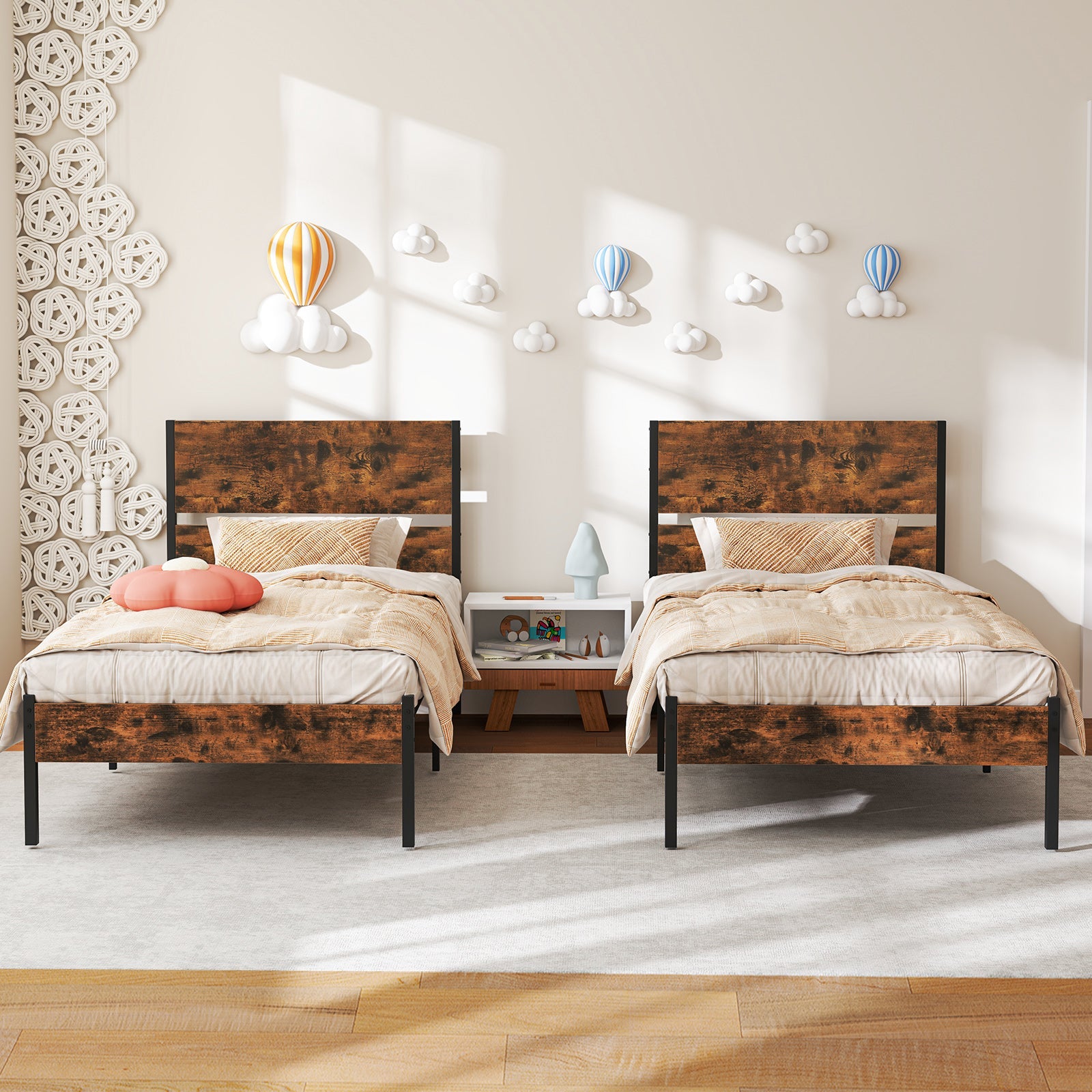 Twin/Full/Queen/King Metal Bed Frame with Wooden Headboard and Footboard-Twin Size