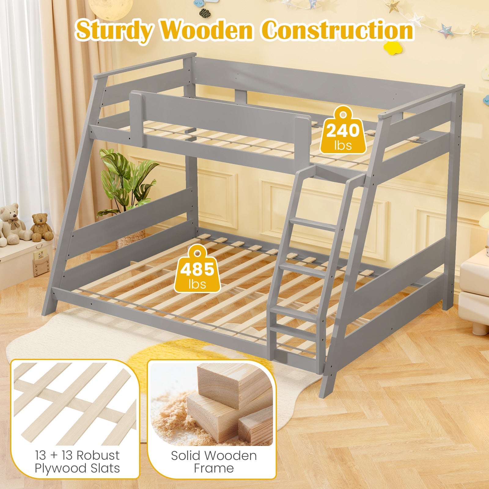Twin Over Full Low Bunk Bed with Reversible Ladder-Gray