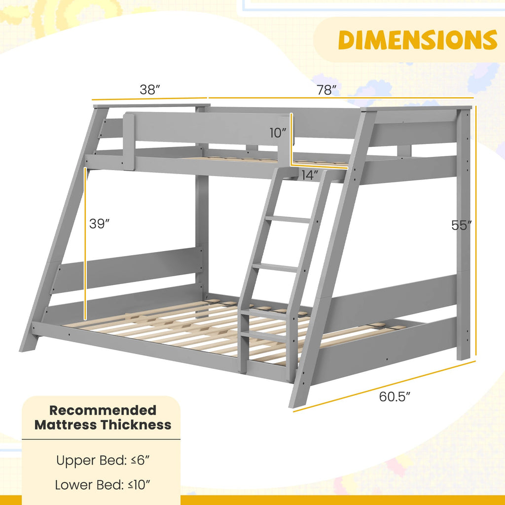 Twin Over Full Low Bunk Bed with Reversible Ladder-Gray