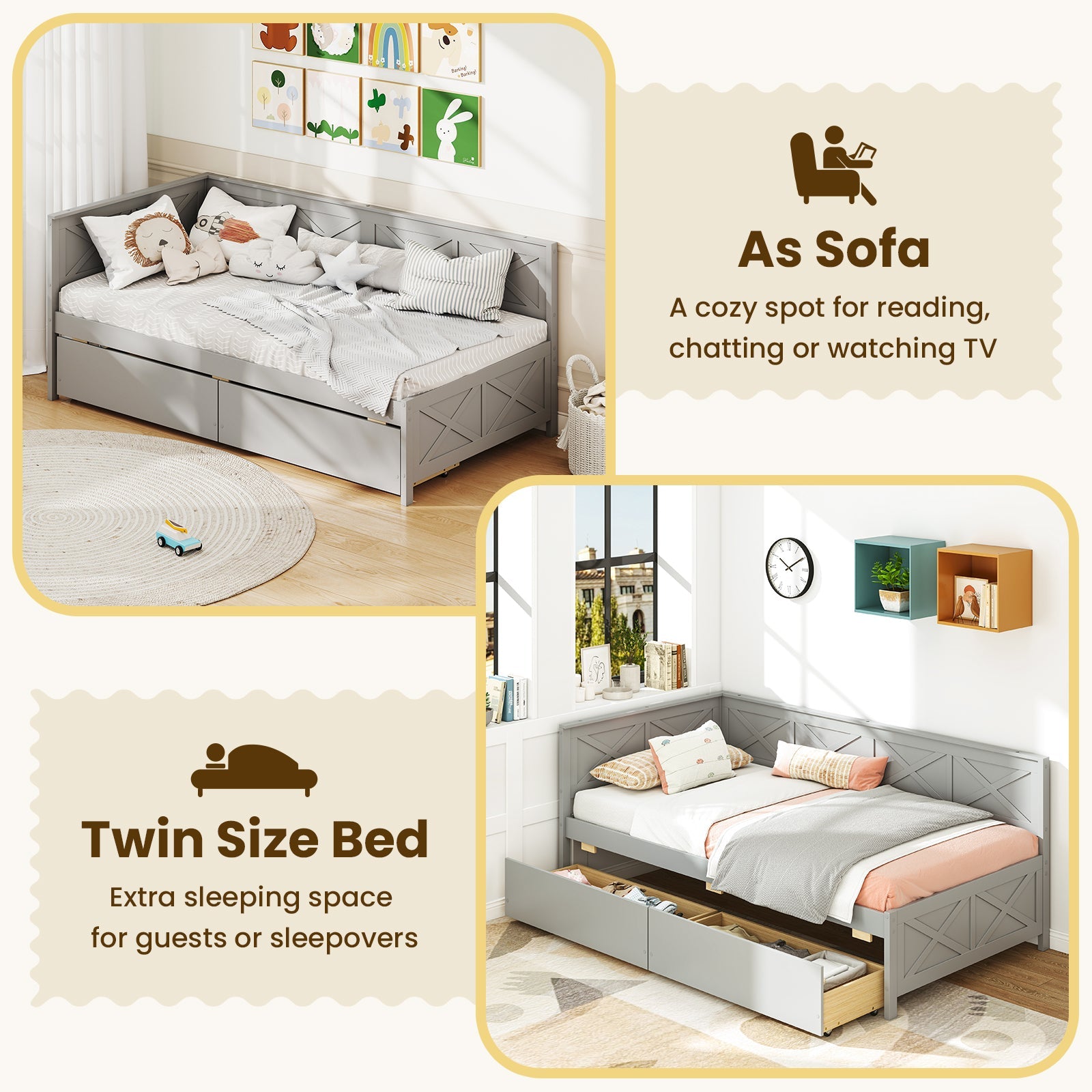 Twin Size Daybed with 2 Storage Drawers No Box Spring Needed-Gray